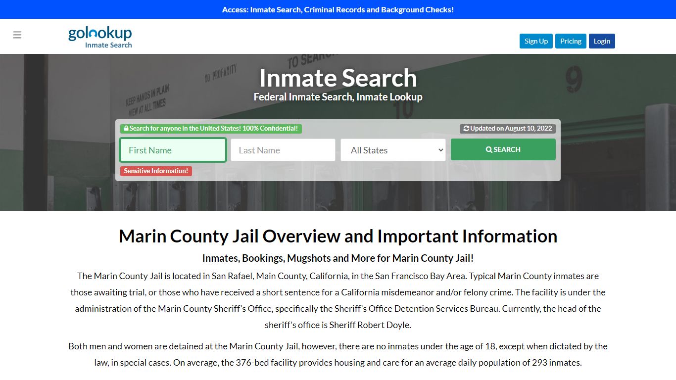 Marin County Jail, Marin County Jail Booking Log